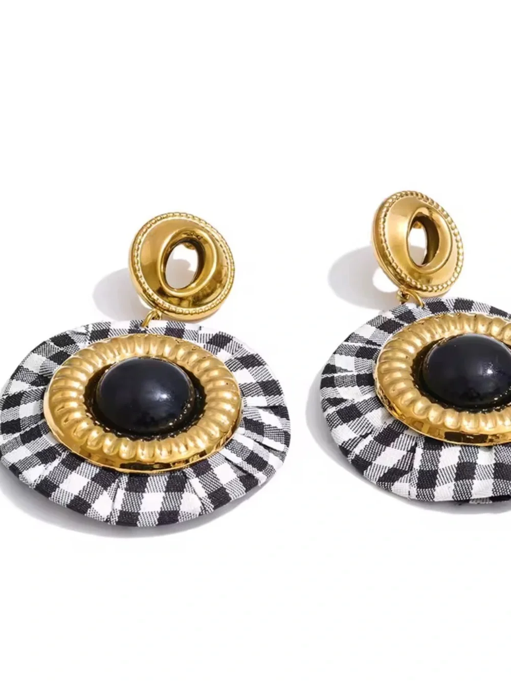 Parisian Chic Gingham Black Gold Earrings